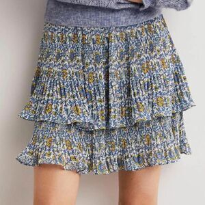 Boden Plisse Mini Skirt Blue Floral Size 8